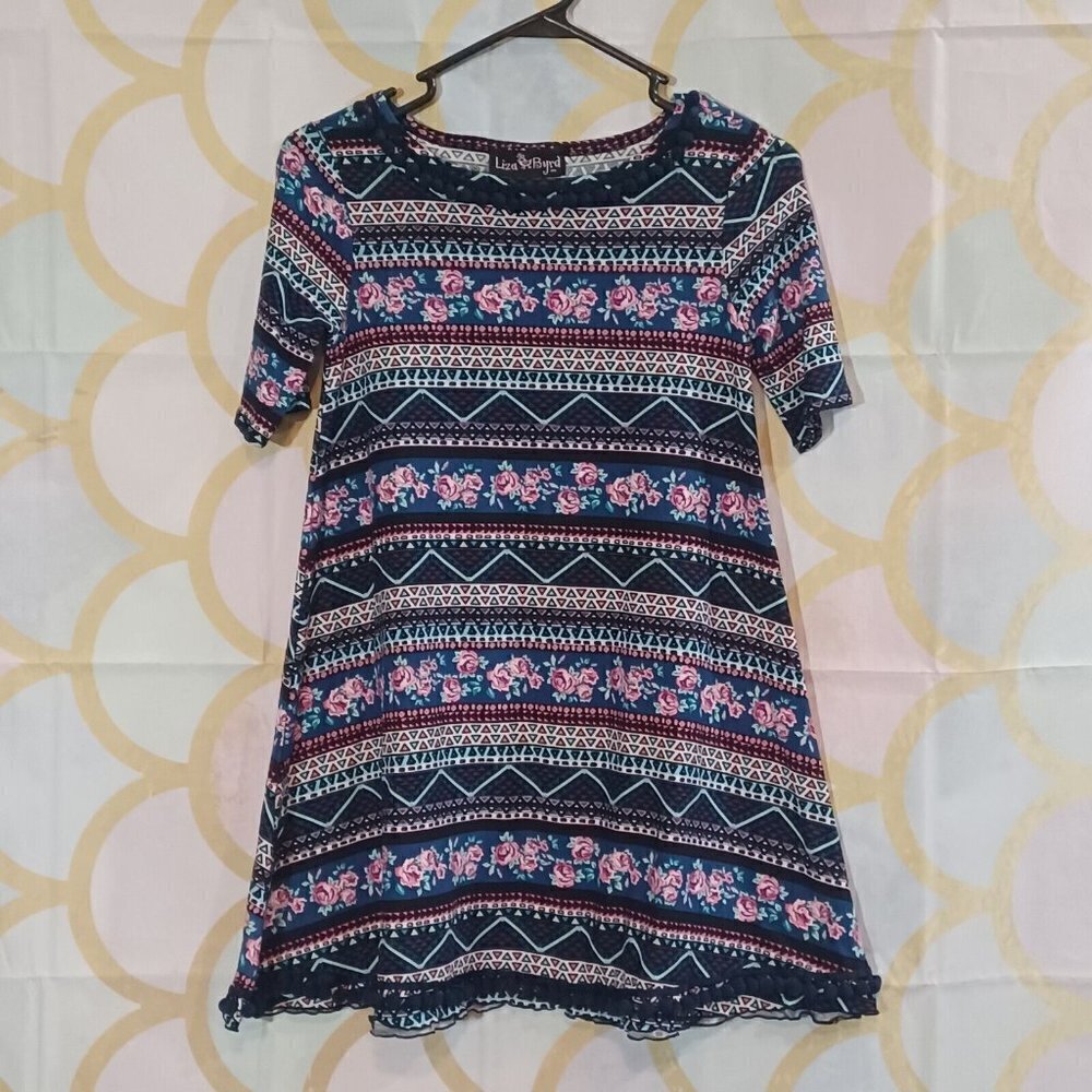 LIZA BYRD Boutique Girls Dress Size M NWT Floral Print with Pom Pom Accents